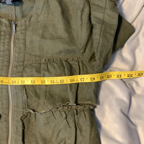 INC olive green 100% linen ruffled zip cardigan topper boho size PM layer jacket - Picture 6 of 10